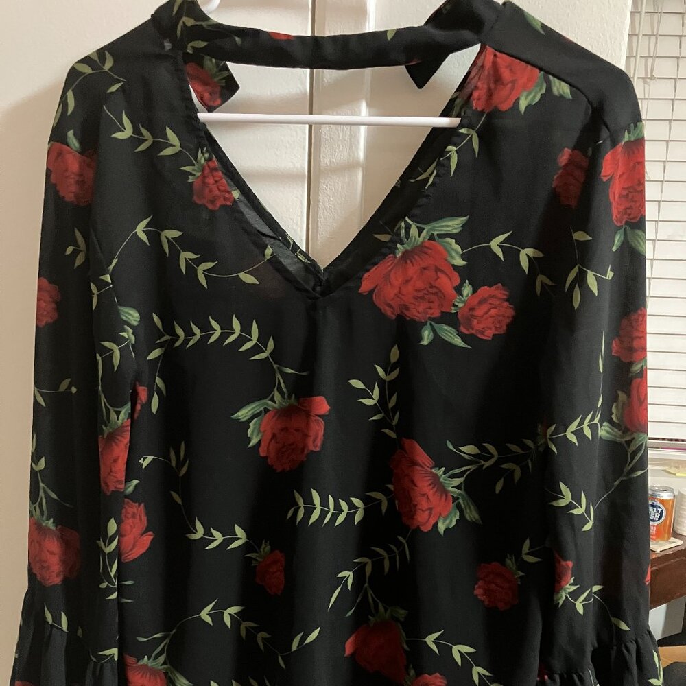 Black blouse with red roses.  V neck front and back with a built in choker.